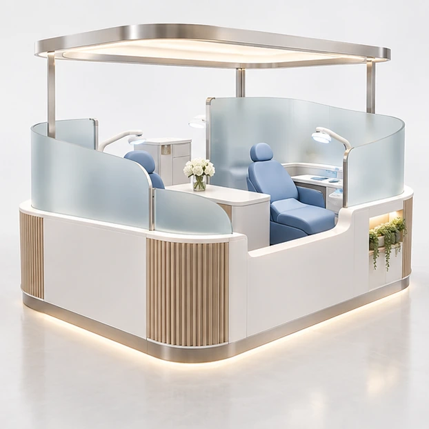 White-and-Wood Teeth Whitening Kiosk with Concealed Storage opposite angle showing its complete footprint and display layout