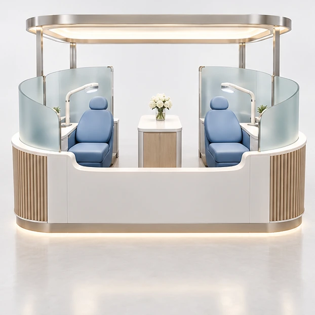 White-and-Wood Teeth Whitening Kiosk with Concealed Storage customer-facing service and display view