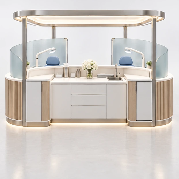 White-and-Wood Teeth Whitening Kiosk with Concealed Storage operator-side equipment, access, and storage view
